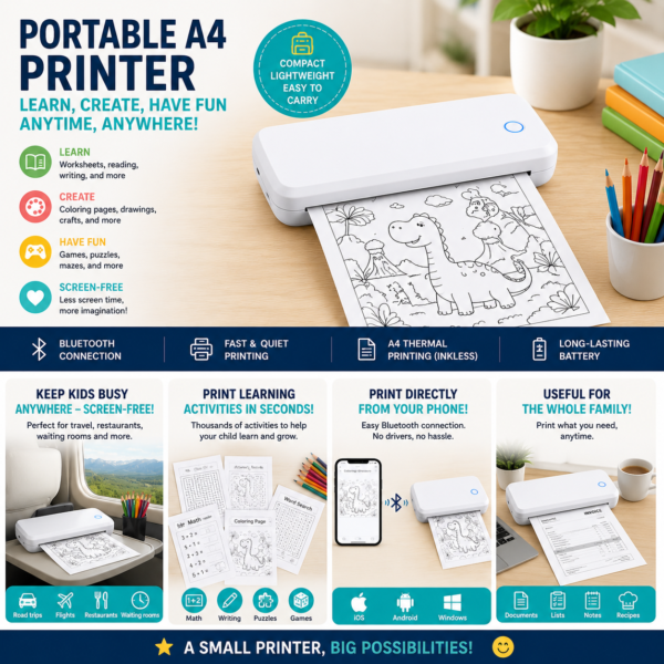 Imprimante Portable A4 Thermique – Coloriages, Jeux, Fiches d'Apprentissage et Documents