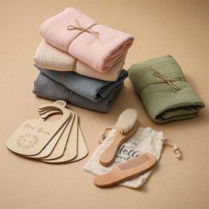 Newborn Baby Gift Set – Soft Cotton Towel, Baby Hair Brush, Comb & Milestone Door Hangers