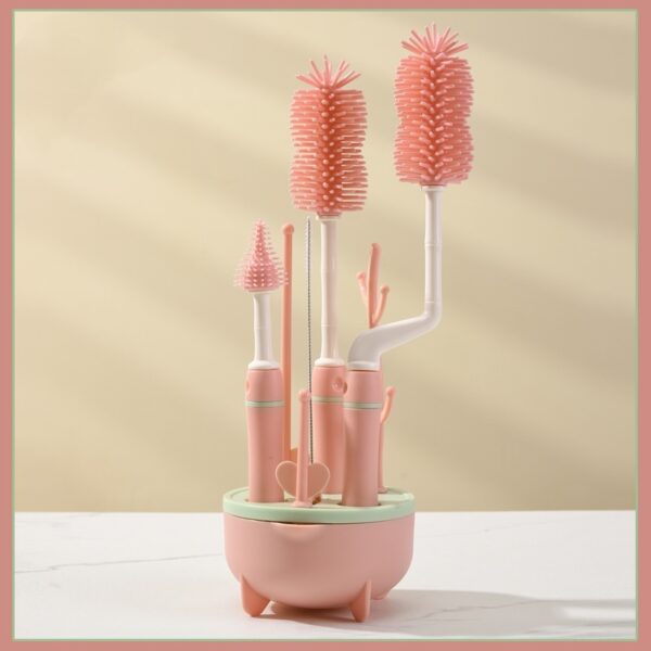 Baby Bottle Cleaning Brush Set - 4-Piece Silicone Bottle, Nipple & Straw Brushes with Drying Stand