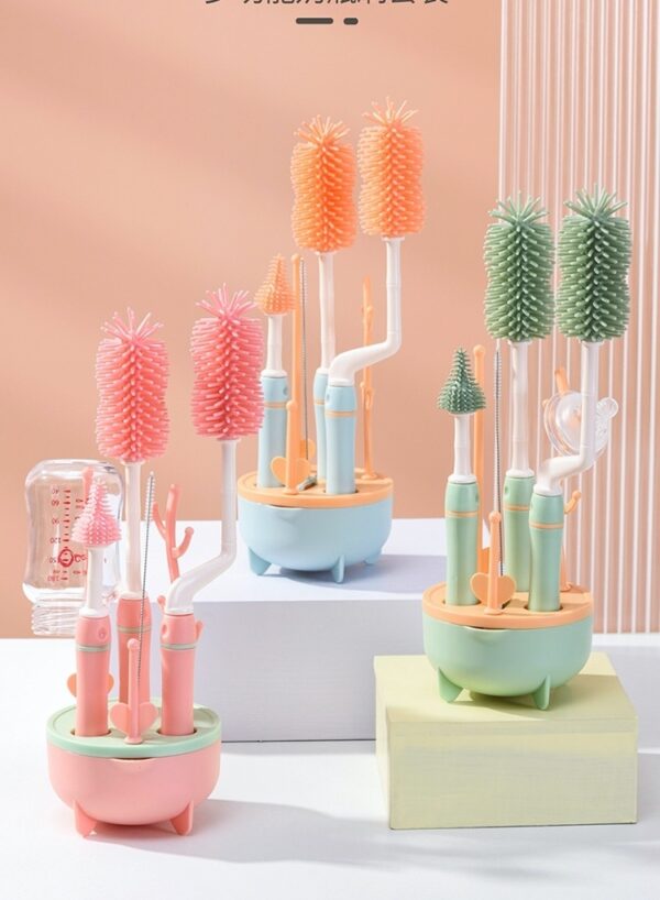 Baby Bottle Cleaning Brush Set - 4-Piece Silicone Bottle, Nipple & Straw Brushes with Drying Stand