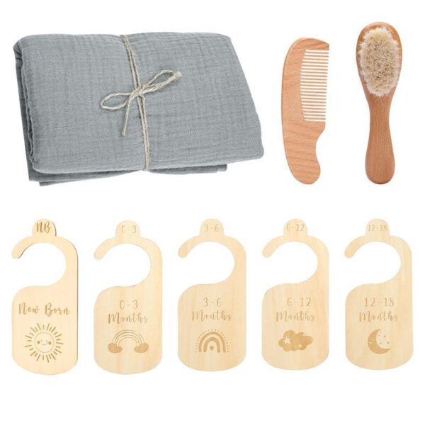 Newborn Baby Gift Set – Soft Cotton Towel, Baby Hair Brush, Comb & Milestone Door Hangers