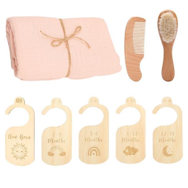 Newborn Baby Gift Set – Soft Cotton Towel, Baby Hair Brush, Comb & Milestone Door Hangers