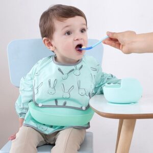 Long Sleeve Baby Bib - Waterproof Feeding & Painting Bib with Silicone Pocket