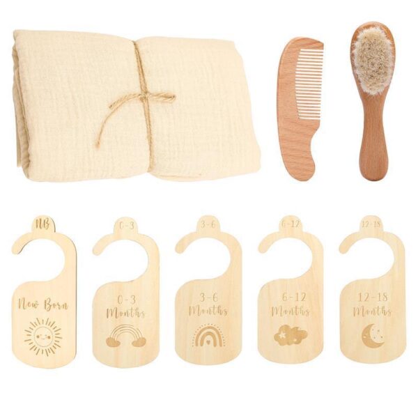 Newborn Baby Gift Set – Soft Cotton Towel, Baby Hair Brush, Comb & Milestone Door Hangers