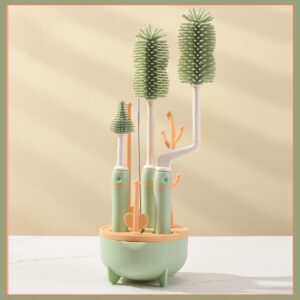 Baby Bottle Cleaning Brush Set - 4-Piece Silicone Bottle, Nipple & Straw Brushes with Drying Stand