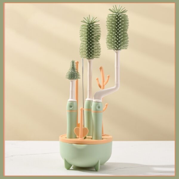 Baby Bottle Cleaning Brush Set - 4-Piece Silicone Bottle, Nipple & Straw Brushes with Drying Stand